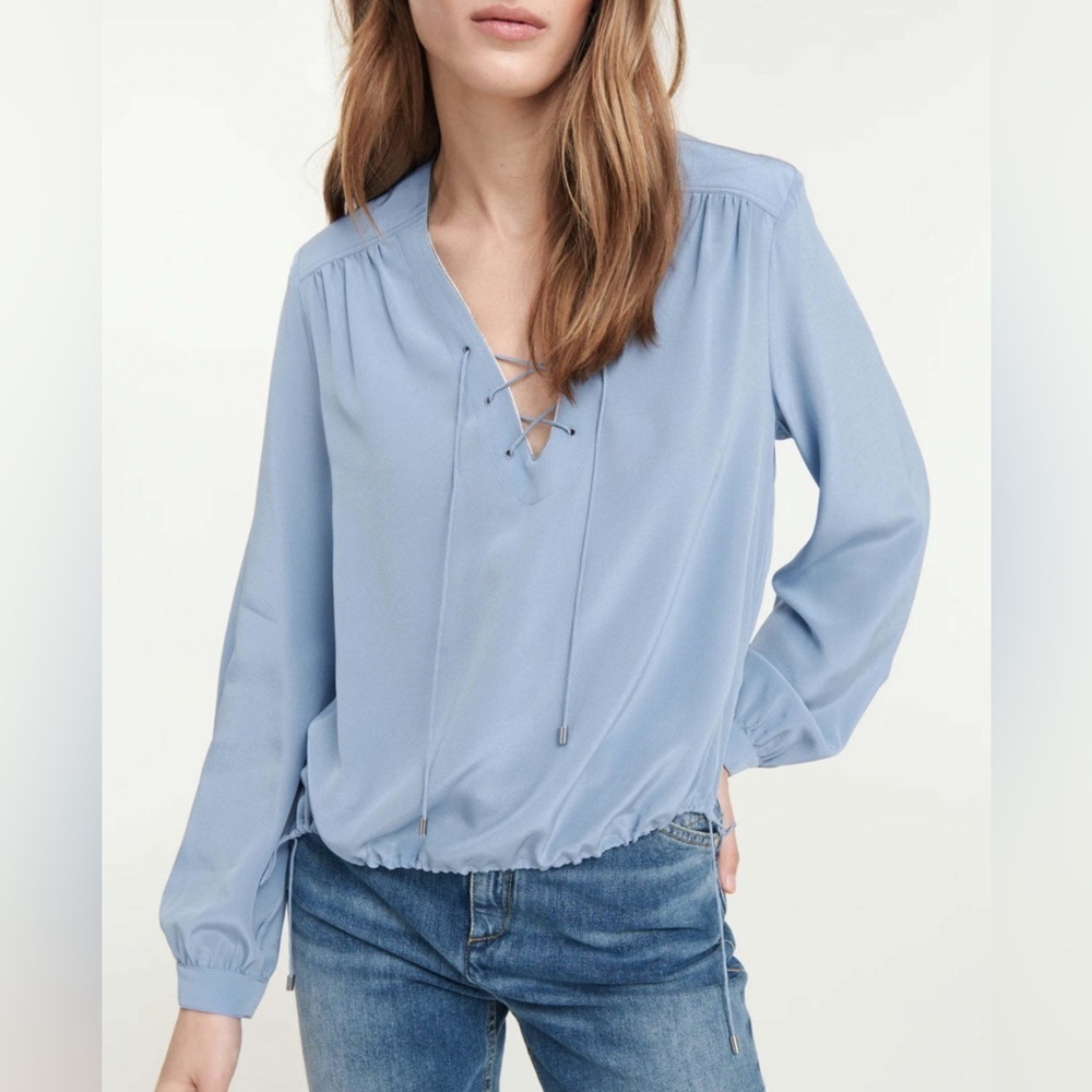 DOROTHEE SCHUMACHER Steel Blue Drawstring Fluid Volumes Blouse Sz 1 XS